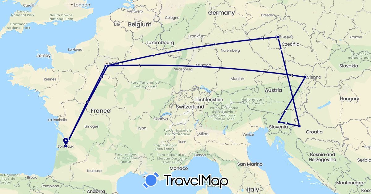 TravelMap itinerary: driving in Austria, Czech Republic, France, Croatia, Slovenia (Europe)